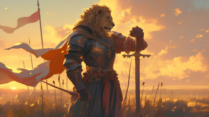 lion beastfolk knight standing proudly with a sword at sunset, ready for battle, majestic feline warrior in armor with banners flying