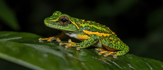Naklejka premium A Green and Yellow Frog Resting on a Leaf