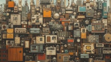 A densely packed collage of vintage radios, televisions, and gadgets forms a complex, urban-like landscape. The nostalgic scene evokes memories of past technologies, blending elements of retro and