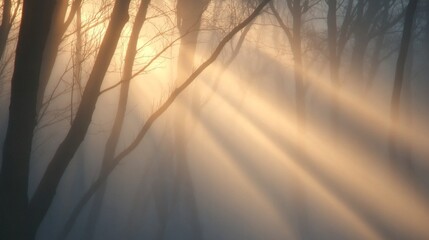 Sunset Beams in Misty Woods, ethereal rays of sunlight filtering through a dense forest shrouded in fog, creating a serene and enchanting atmosphere