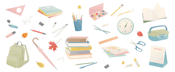 set of elements about school and  study, pens, pencils, books, notebooks, compasses, scissors, brushes, paints, glue, lunch box