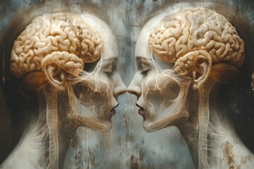 Naklejka premium Cognitive center Neuro brain Two skeletal profiles with glowing brains facing each other symbolizing mortality consciousness and the timeless connection of human thought
