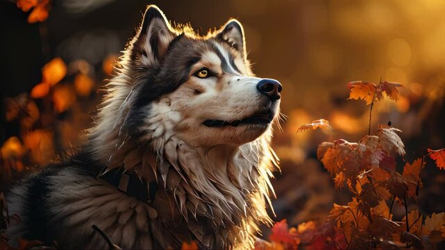 Happy and gorgeous Siberian Husky dog with tonque hanging out standing in the bright golden autumn forest at sunset