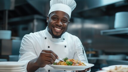 Happy african american male chef decorating meal on plate