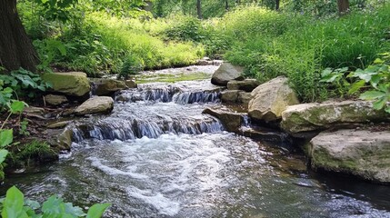 Fototapeta premium Tranquil Stream Serenity, a soothing waterway meanders through lush greenery, creating a peaceful ambiance that invites reflection and relaxation amidst nature's embrace.