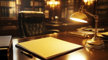 A desk in a library with a brass desk lamp and a closed book with a pen.