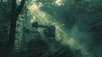 Enchanting sunbeams filtering through the lush green forest canopy creating a serene and mystical atmosphere  The warm glow casts a magical spell inviting and a sense of wonder in the natural world