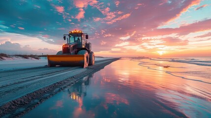 Tractor working on the beach at beautiful sunset with dramatic sky clouds and water reflection  Coastal rural landscape with agricultural equipment in the foreground