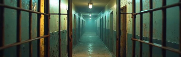 Desolate Prison Corridor with Metal Bars and Dim Lighting