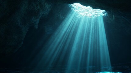 Sunlit Underwater Cave, a stunning scene of sunlight streaming through the water's surface, casting a radiant glow into the depths of a mysterious underwater cave