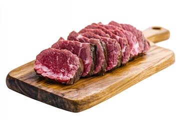 Sliced raw beef steaks on a wooden cutting board isolated on a white background.