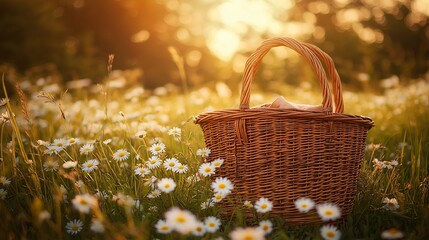A wicker basket sits in a field of daisies bathed in golden light.