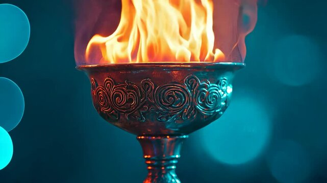 goblet of fire, red flame flicking in metal ancient goblet, ambient fantasy