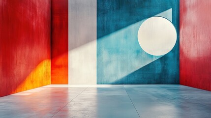 Geometric shapes rendered in 3D with bold colors and abstract patterns background