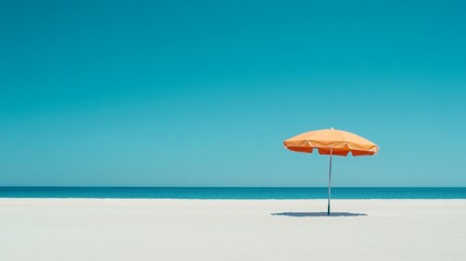 Abandoned Beach Umbrella, a solitary beach umbrella stands under the bright sun, casting a long shadow on the warm, golden sand, evoking a sense of serene isolation.