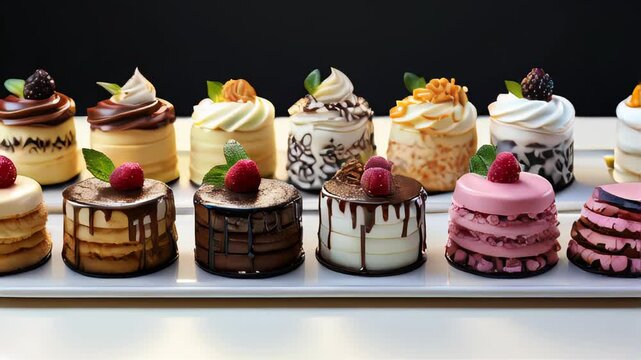 Large set of delicious sweet cakes with berries cream and chocolate dessert