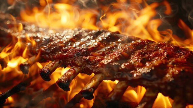 Juicy tender grilled steak sizzling and charred over the intense heat of a raging outdoor barbecue fire creating an irresistible aroma and a tempting premium culinary experience