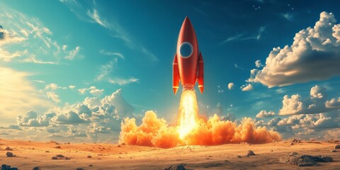 Obraz premium Dynamic Rocket Launch Against a Cloudy Sky