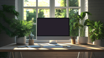 Fototapeta premium A pristine desk featuring a sleek, modern desktop computer with a blank screen, ideal for graphic design mockups, presentations, or showcasing portfolio and website designs