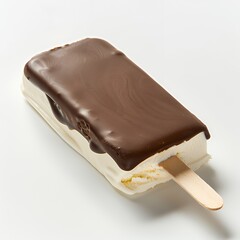 A close-up of a chocolate-covered ice cream bar on a white background.