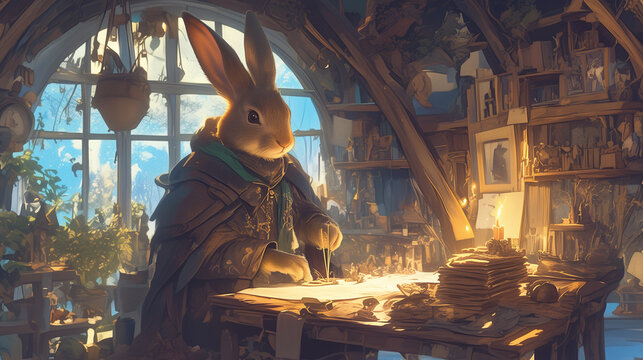 rabbit beastfolk artisan working with precision in a warmly lit workshop, focused on delicate fabric stitching by candlelight