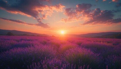 Fototapeta premium Sunset over a Lavender Field with Sun Rays and Clouds