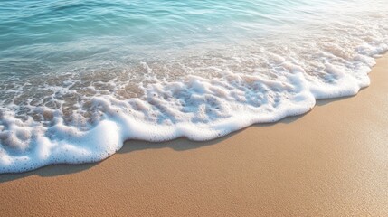 Gentle Wave Embracing Soft Sand, portraying a serene moment where a delicate wave caresses pristine sand on a peaceful beach, evoking a sense of calm and tranquility