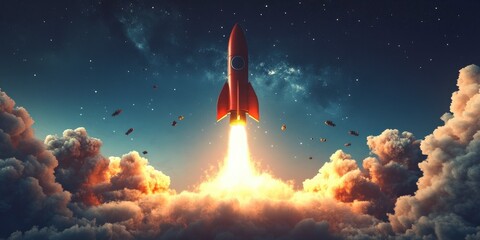 Dynamic Rocket Launch Against a Cloudy Sky