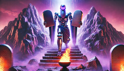 A robotic figure descending stairs with large stone tablets in each hand, set against a mountainous backdrop. Flames burn in a bowl at the base of the steps, with stone monuments nearby.