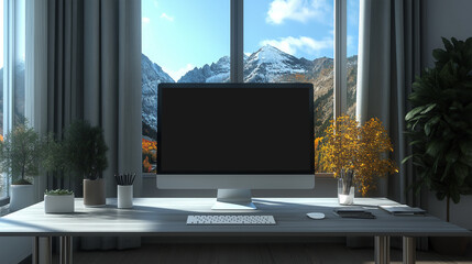 Fototapeta premium A pristine desk featuring a sleek, modern desktop computer with a blank screen, ideal for graphic design mockups, presentations, or showcasing portfolio and website designs