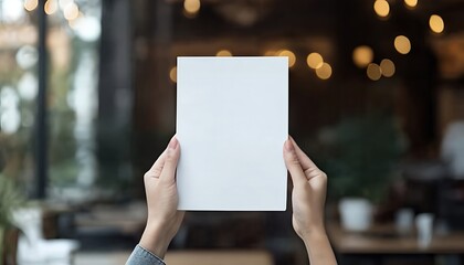 Person's hands hold up a blank white card in a cafe setting.