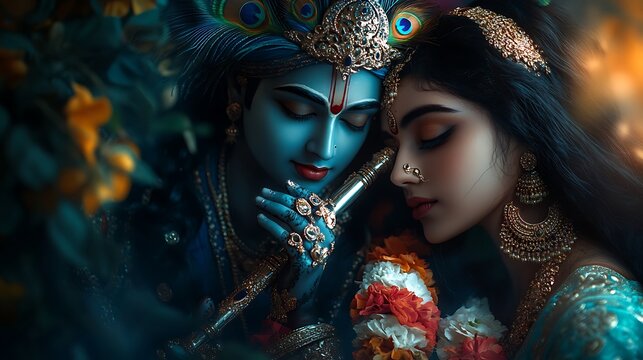 Naklejki Krishna and Radha: A Divine Embrace
