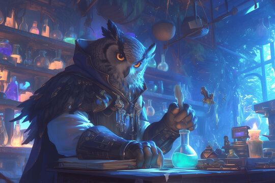 owl beastfolk scholar writing notes in alchemical laboratory with glowing blue potions and mystical artifacts