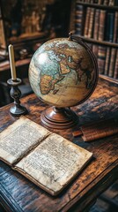 Vintage Globe and Books on Wooden Desk