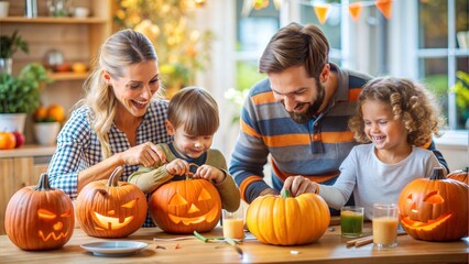 Fototapeta premium Family carving pumpkin for Halloween