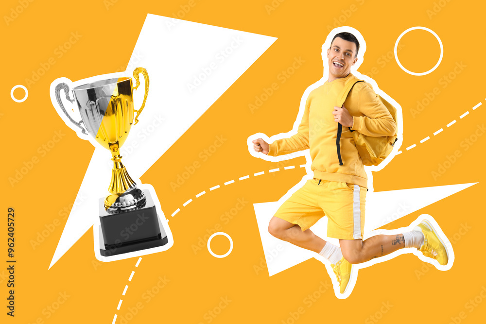 Poster Collage of jumping male student with gold cup on yellow background