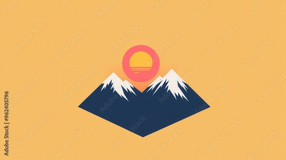 Poster The design presents snow-capped mountains with a warm sun rising in a simple yet striking depiction of nature at sunrise. Generative AI