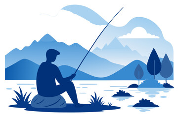 Serene Lake Fishing Silhouette Vector Peaceful Fisherman by Tranquil Waters