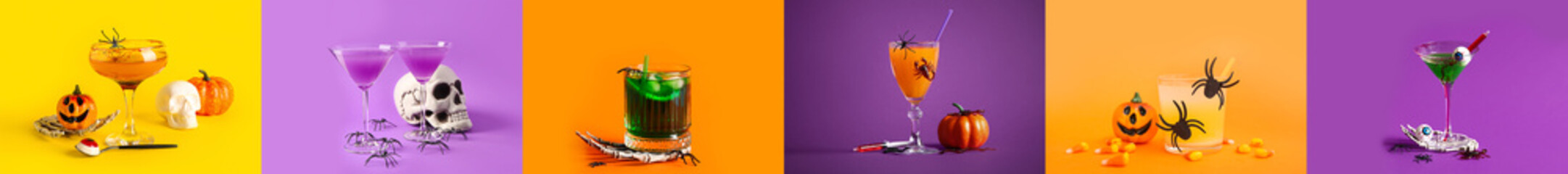 Obraz premium Set of tasty Halloween cocktails on color background