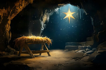 empty wooden manger in cave with star of bethlehem christian nativity scene background digital painting