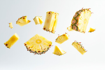 Naklejka premium Pineapple slices and pineapple pieces levitating in air on white background.