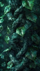 Fototapeta premium Captivating abstract image showcasing a dense layered arrangement of overlapping green leaves that create an intricate natural pattern The image has a moody dramatic atmosphere with a deep