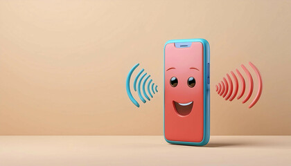 A smartphone with a cheerful face and big eyes on its screen, emitting red and blue sound waves from both sides. The phone is upright on a beige background< copy space on the left