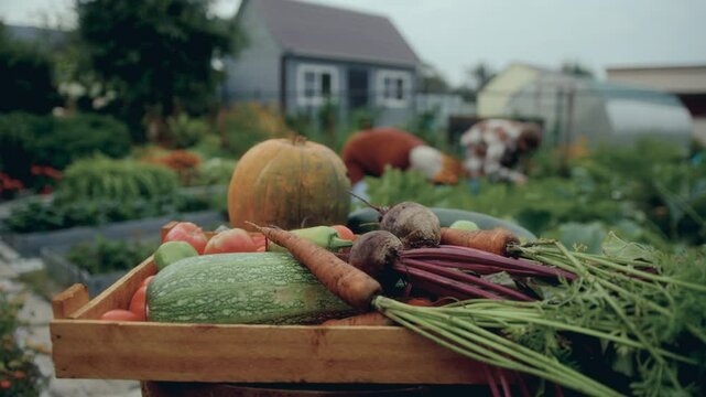 Box of fresh organic vegetables, including courgette, carrots, tomatoes, bell peppers, turnips and pumpkin, unrecognizable farmers tending garden plants in defocused background. Close-up shot