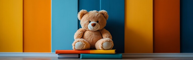 Obraz premium Soft Teddy Bear on Colorful Children's Books for Cozy Reading Time