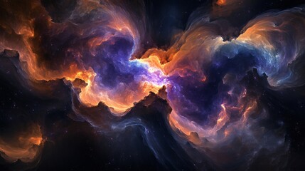 Fototapeta premium Abstract cosmic nebula with swirling orange, purple, and blue clouds against a dark starry background.