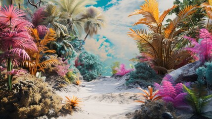 Naklejka premium Vibrant tropical landscape showcasing a variety of colorful foliage and exotic plants. The bright, lively colors and diverse textures create an eye-catching and dynamic scene, ideal for themes of
