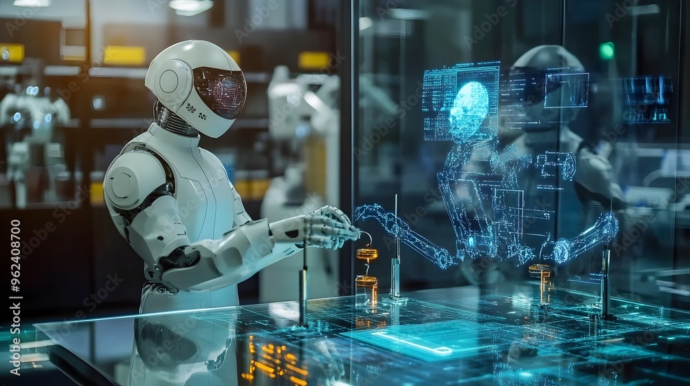 Poster futuristic holographic display showcasing the capabilities of ai driven robotics performing complex 