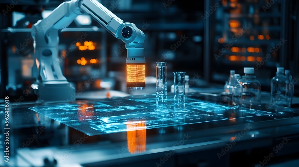 Poster holographic projection showcasing advanced ai driven robotics performing complex tasks and in a high