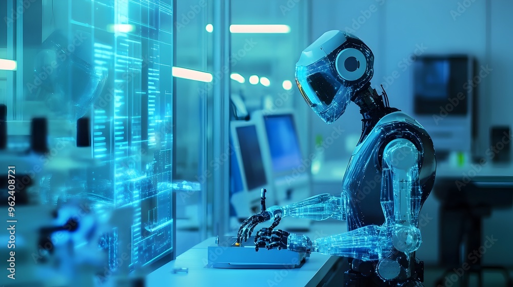 Poster holographic display showcasing advanced ai driven robotic systems performing complex tasks and workf